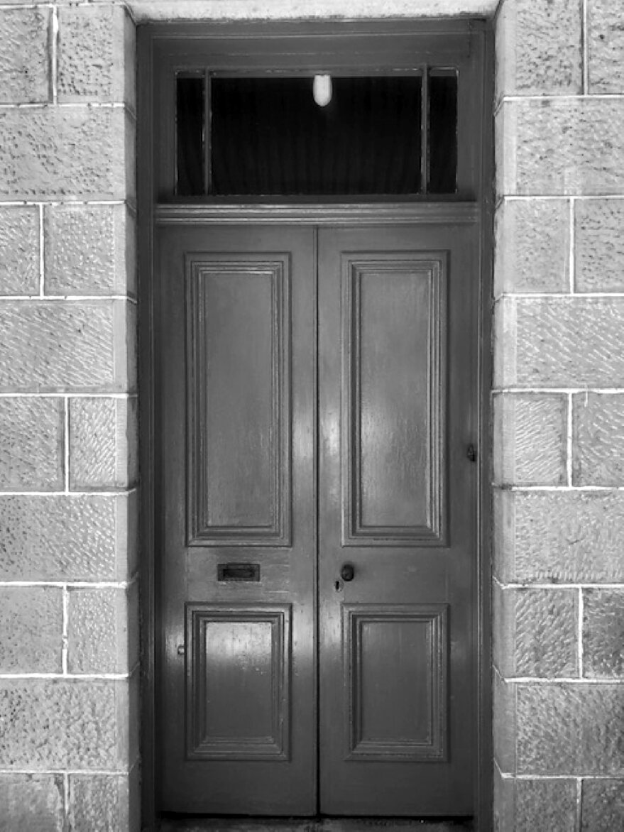 The front door, in dressed sandstone
