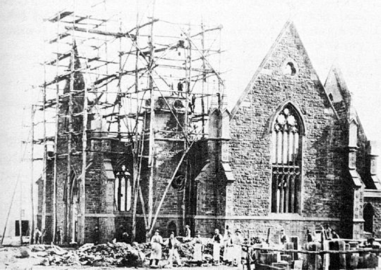 The church under scaffolding during construction