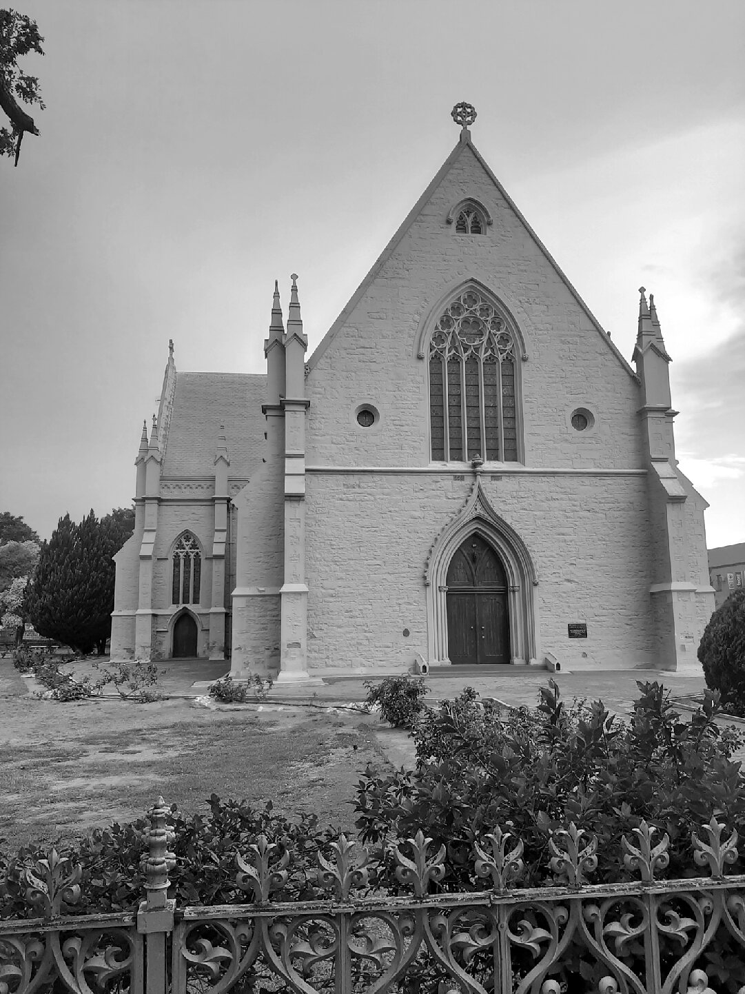 The finished church, with its slate roof and corner gargoyles