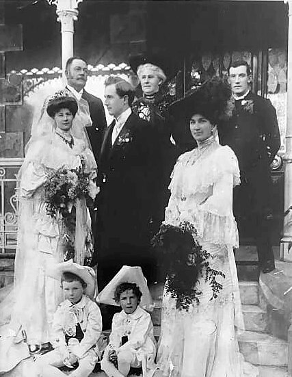 Wedding photograph of Mr Lind’s daughter to Mr Howes, 1904, on the steps of the house