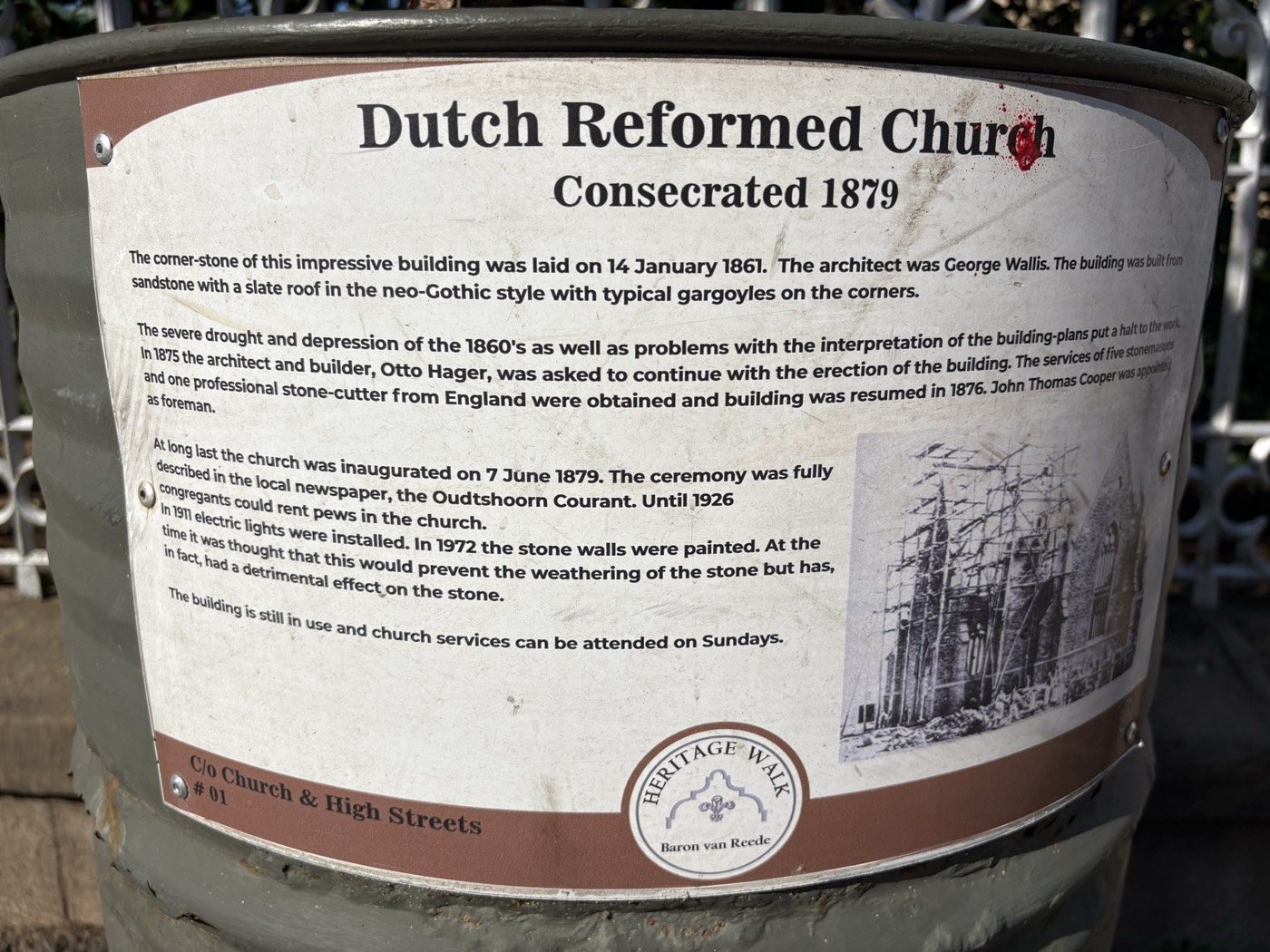 The heritage plaque for Dutch Reformed Church in High Street, Oudtshoorn