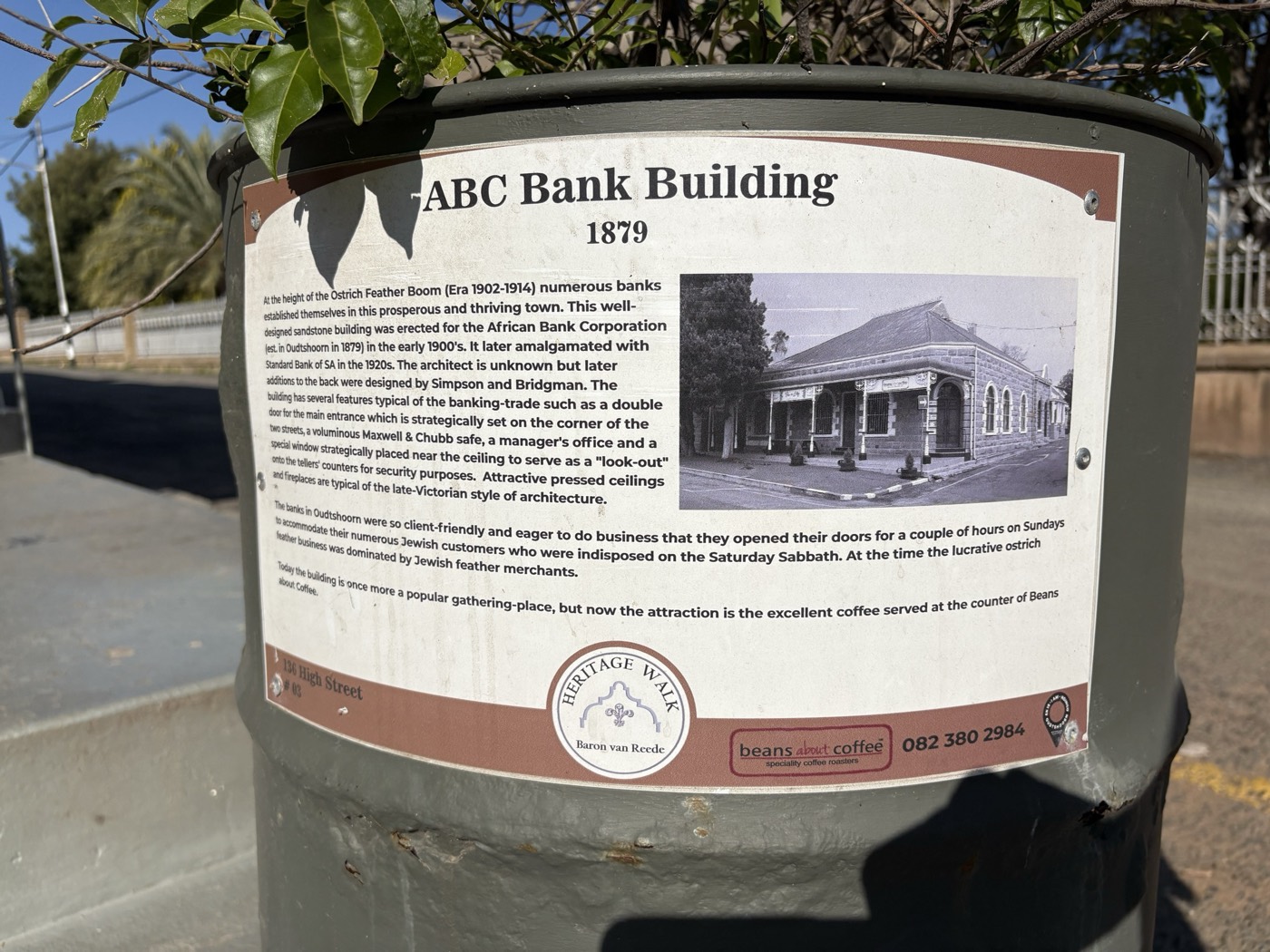 The heritage plaque for ABC Bank Building in High Street, Oudtshoorn